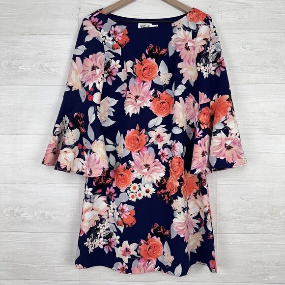 Eliza J Floral Print Mini Shift Dress Women Size 12 Navy Blue Pink Bell Sleeve - Picture 1 of 14